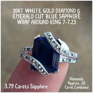 10K Gold Emerald Cut DB Sapphire Diamond Ring 7.25